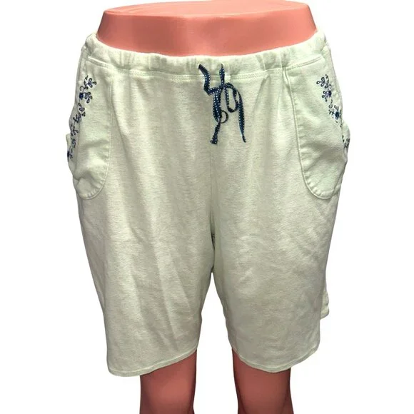 Adonna Lounge Set Green Ribbed Tank Top Shorts Navy Embroidery Size Large - Picture 9 of 16